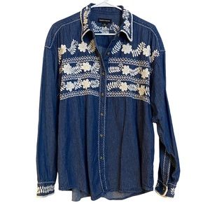 Sierra Pacific Denim Shirt Womens 2XL Embroidered   Floral Bohemian Southwestern